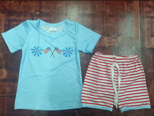 4.21 Preorder moq 5 Baby Boys Blue Short Sleeves Flags Firework Top Red Stripe Short 4th Of July Set