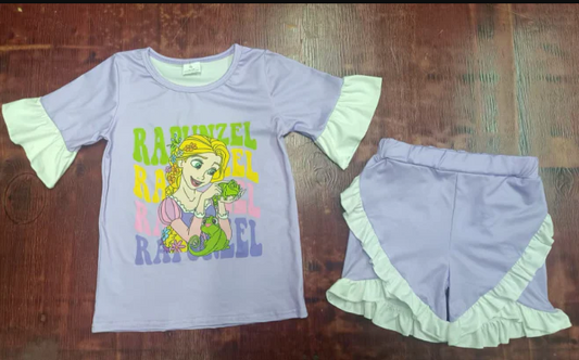 4.21 Preorder moq 5 Baby Girls Lavender Short Ruffle Sleeves Princess Top Short Pajamas Set