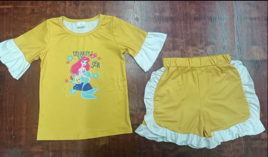 4.21 Preorder moq 5 Baby Girls Yellow Short Ruffle Sleeves Mermaid Top Short Pajamas Set