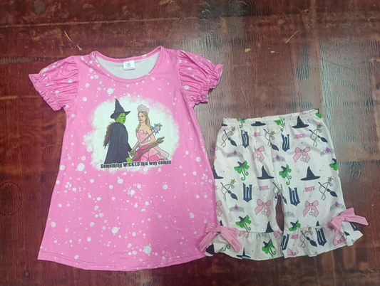 4.21 Preorder moq 5 Baby Girls Pink Short Ruffle Sleeves Cartoon Wicked Tunic Short Set