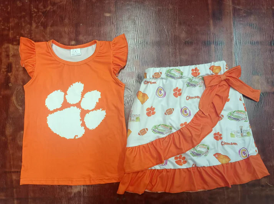 4.21 Preorder moq 5 Baby Girls Orange Flutter Sleeves Pawl Top Footballs Ruffle Skirts Set