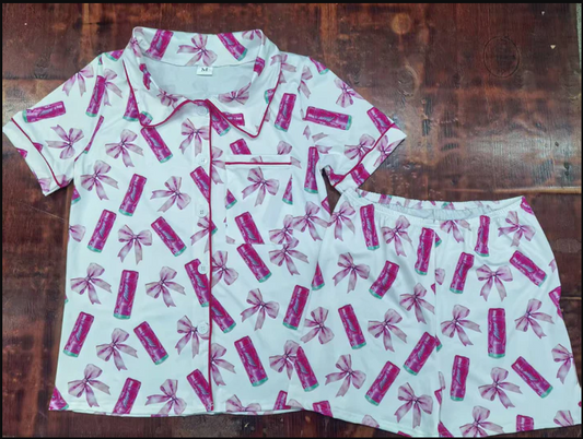 4.21 Preorder moq 5 Baby Girls Short Sleeves Pink Bows Button Pockets Top Shorts Pajamas Set