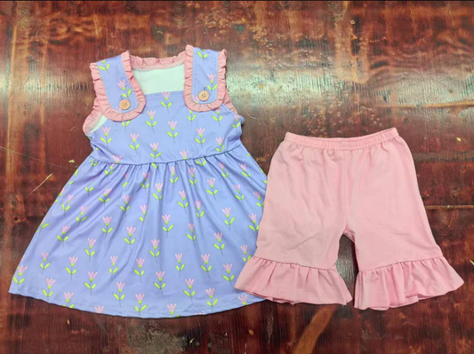 4.21 Preorder moq 5 Baby Girls Sleeveless Floral Button Tunic Peach Ruffle Short Sets