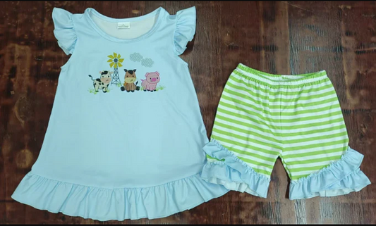 4.21 Preorder moq 5 Baby Girls Flutter Sleeves Cows Pigs Tunic Stripe Ruffle Short Farm Sets