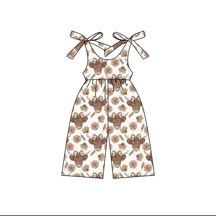 4.22 Preorder moq 5 Baby Girls Sleeveless Highland Cows Daisy Jumpsuits