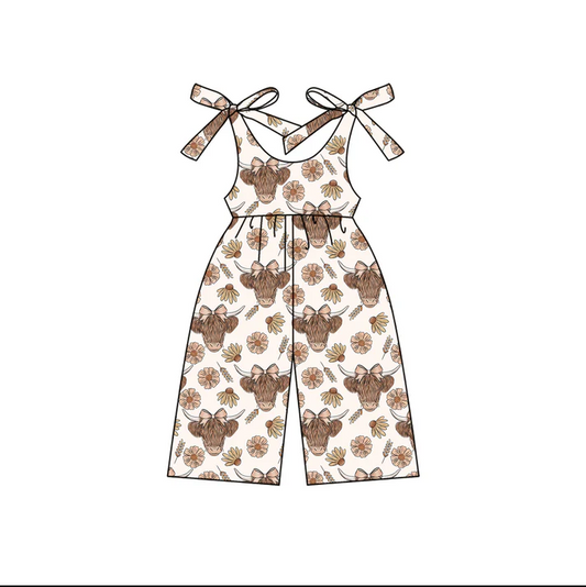 4.22 Preorder moq 5 Baby Girls Sleeveless Highland Cows Daisy Jumpsuits