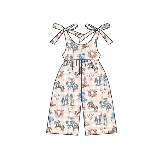 4.22 Preorder moq 5 Baby Girls Sleeveless Pink Plaid Horse Rodeo Cactus Jumpsuits