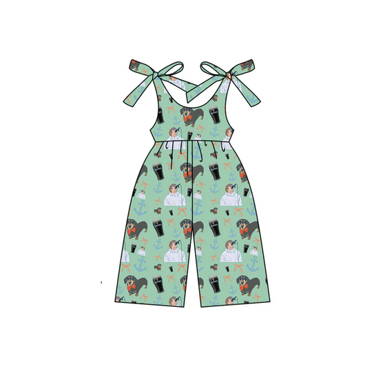 4.22 Preorder moq 5 Baby Girls Green Sleeveless Dog Singers Jumpsuits
