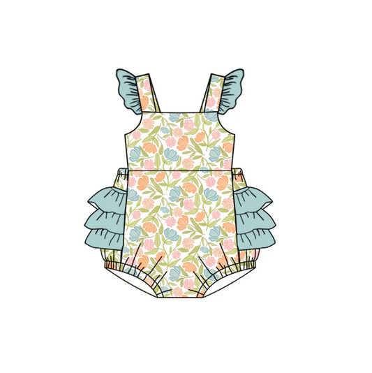 4.22 Preorder moq 5 Baby Girls Blue Flutter Sleeves Floral Bubble Ruffle Rompers