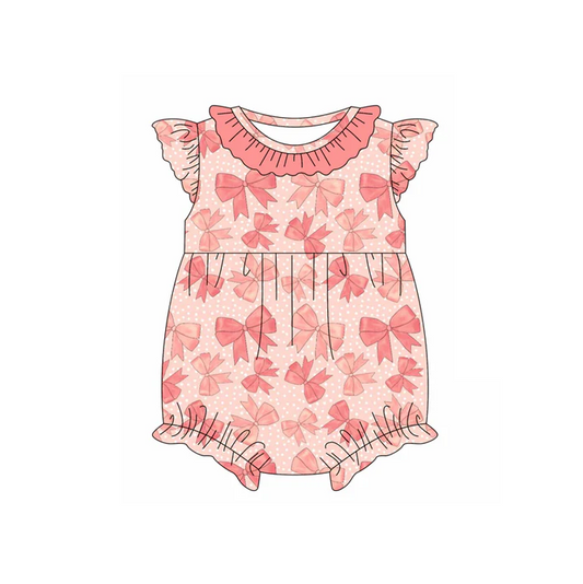 4.22 Preorder moq 5 Baby Girls Pink Flutter Sleeves Bows Polka Dots Ruffle Rompers