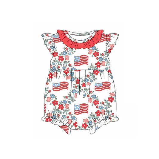4.22 Preorder moq 5 Baby Girls Flutter Sleeves Flags Floral 4th Of July Ruffle Rompers