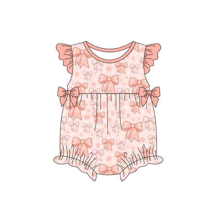 4.22 Preorder moq 5 Baby Girls Peach Flutter Sleeves Bows Leopard Ruffle Rompers