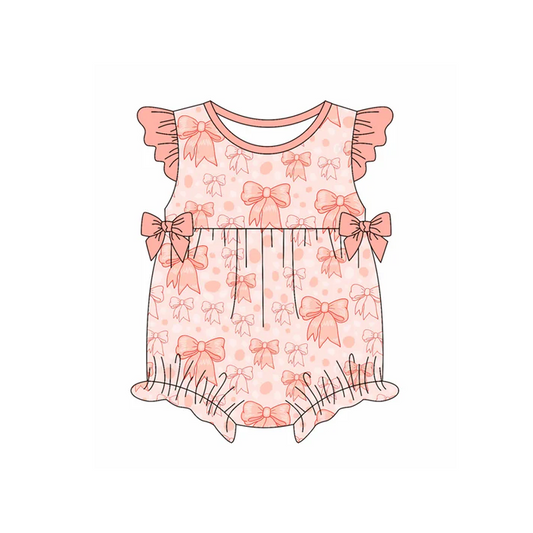 4.22 Preorder moq 5 Baby Girls Peach Flutter Sleeves Bows Leopard Ruffle Rompers