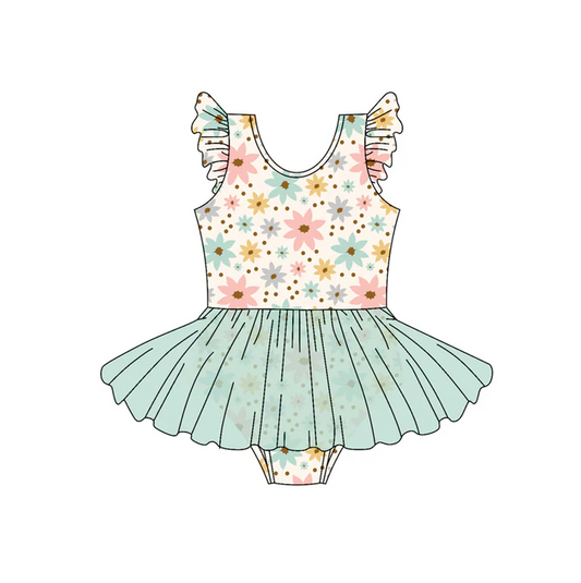 4.22 Preorder moq 5 Baby Girls Flutter Sleeves Colorful Flowers Mint Tulle Bummies Rompers