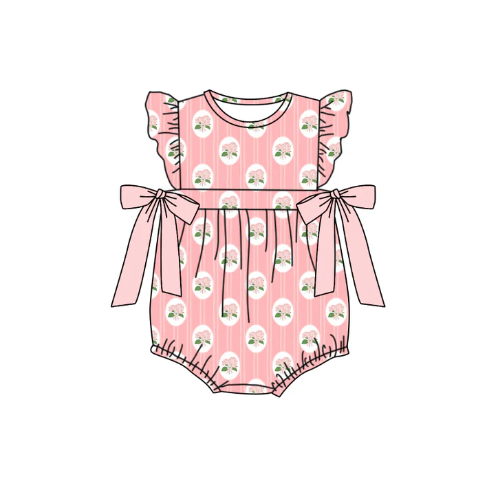 4.22 Preorder moq 5 Baby Girls Peach Flutter Sleeves Flowers Bows Ruffle Rompers