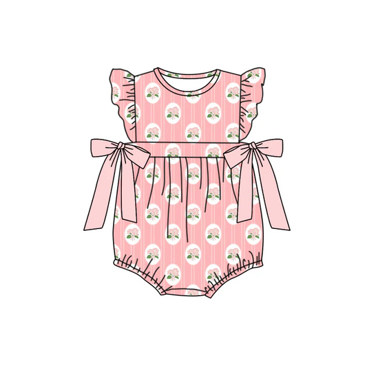 4.22 Preorder moq 5 Baby Girls Peach Flutter Sleeves Flowers Bows Ruffle Rompers