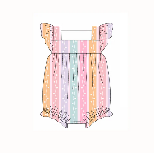 4.22 Preorder moq 5 Baby Girls Flutter Sleeves Rainbow Stripe Stars Ruffle Rompers