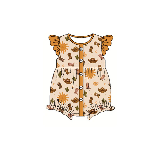 4.22 Preorder moq 5 Baby Girls Khaki Flutter Sleeves Button Cactus Boots Ruffle Rompers