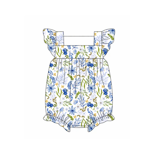 4.22 Preorder moq 5 Baby Girls Flutter Sleeves Blue Floral Ruffle Rompers