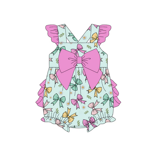 4.22 Preorder moq 5 Baby Girls Hot Pink Flutter Sleeves Colorful Bows Ruffle Rompers