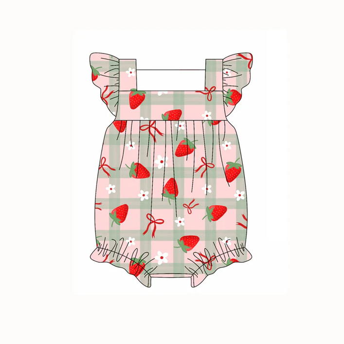 4.22 Preorder moq 5 Baby Girls Flutter Sleeves Red Bows Strawberry Ruffle Rompers