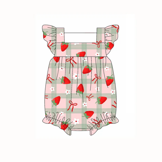 4.22 Preorder moq 5 Baby Girls Flutter Sleeves Red Bows Strawberry Ruffle Rompers