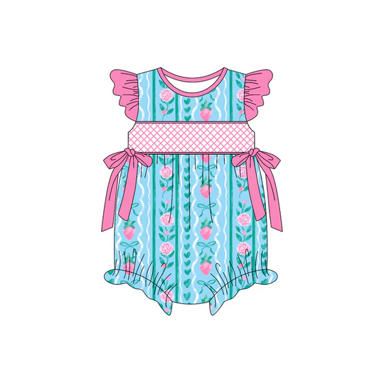 4.22 Preorder moq 5 Baby Girls Pink Flutter Sleeves Bows Floral Stripe Ruffle Rompers