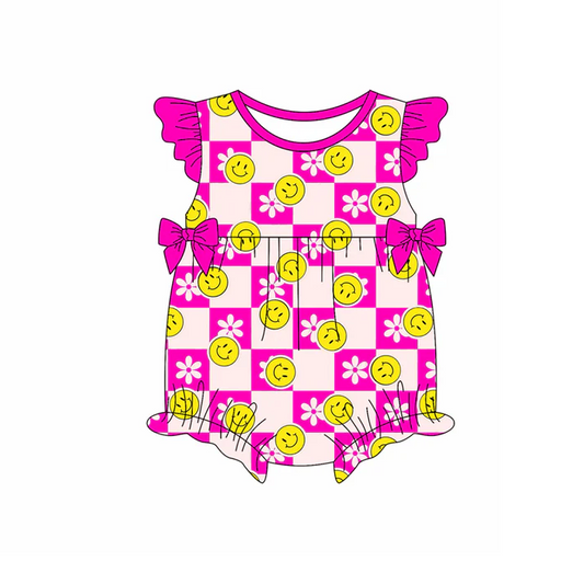 4.22 Preorder moq 5 Baby Girls Hot Pink Flutter Sleeves Smiles Flowers Plaid Ruffle Rompers