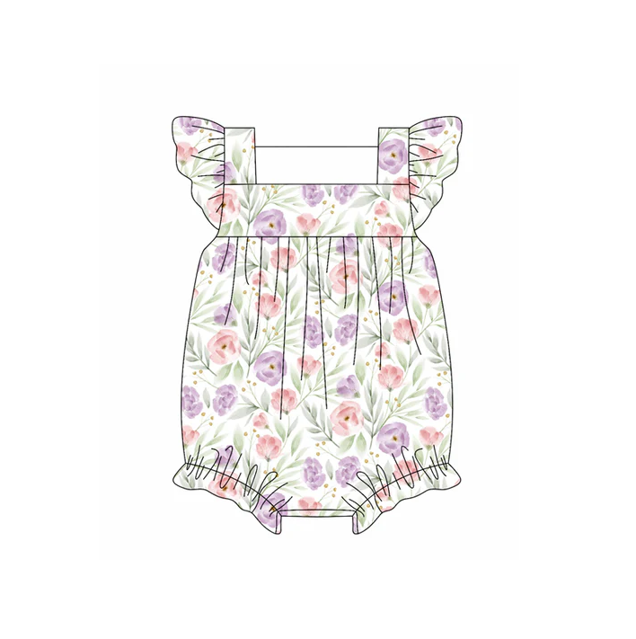 4.22 Preorder moq 5 Baby Girls Flutter Sleeves Lavender Pink Flowers Ruffle Rompers