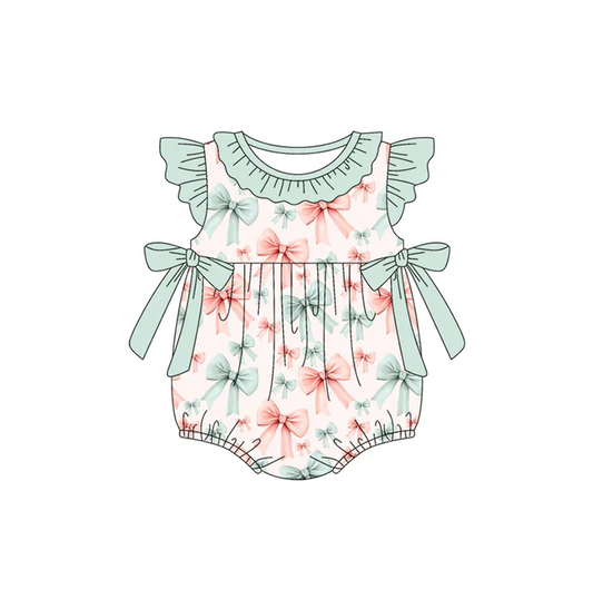 4.22 Preorder moq 5 Baby Girls Mint Flutter Sleeves Pink Bows Ruffle Rompers