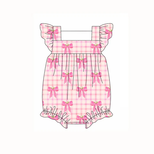 4.22 Preorder moq 5 Baby Girls Flutter Sleeves Pink Plaid Bows Ruffle Rompers