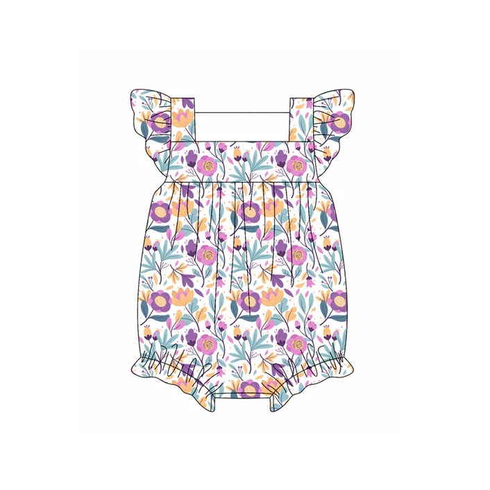 4.22 Preorder moq 5 Baby Girls Flutter Sleeves Lavender Floral Ruffle Rompers
