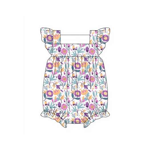 4.22 Preorder moq 5 Baby Girls Flutter Sleeves Lavender Floral Ruffle Rompers