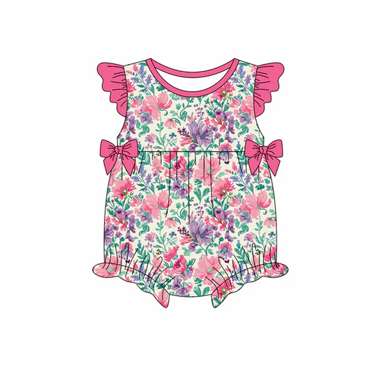 4.22 Preorder moq 5 Baby Girls Pink Flutter Sleeves Bows Colorful Floral Ruffle Rompers