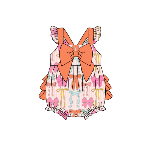 4.22 Preorder moq 5 Baby Girls Flutter Sleeves Colorful Bows Ruffle Rompers