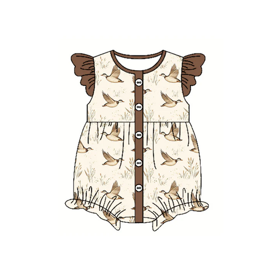 4.23 Preorder moq 5 Baby Girls Brown Flutter Sleeves Button Ducks Ruffle Rompers