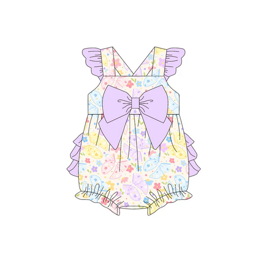 4.23 Preorder moq 5 Baby Girls Lavender Flutter Sleeves Colorful Butterfly Floral Bubble Ruffle Rompers