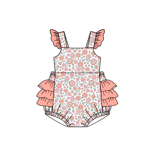 4.23 Preorder moq 5 Baby Girls Pink Flutter Sleeves Floral Bubble Ruffle Rompers