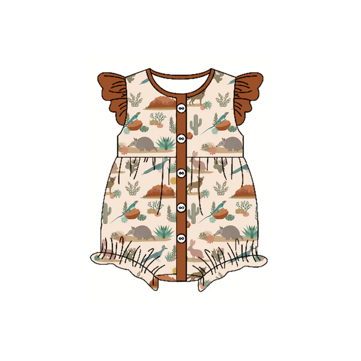 4.23 Preorder moq 5 Baby Girls Brown Flutter Sleeves Button Cactus Western Ruffle Rompers