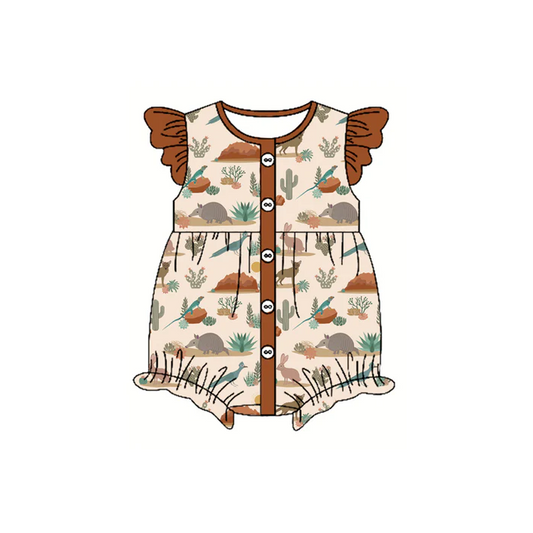 4.23 Preorder moq 5 Baby Girls Brown Flutter Sleeves Button Cactus Western Ruffle Rompers