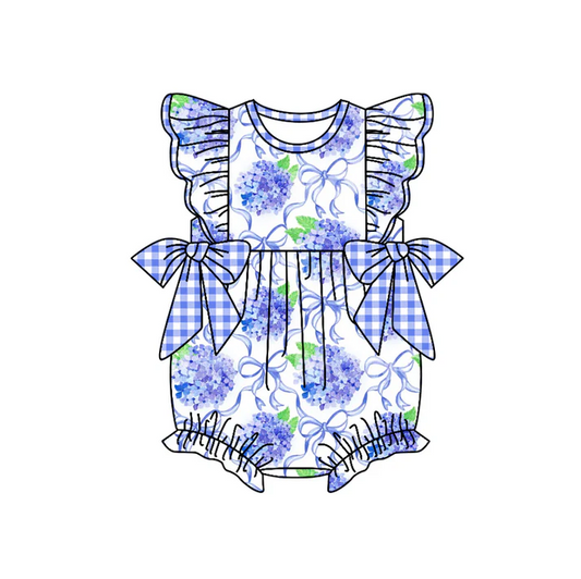 4.23 Preorder moq 5 Baby Girls Flutter Sleeves Purple Plaid Bows Floral Ruffle Rompers