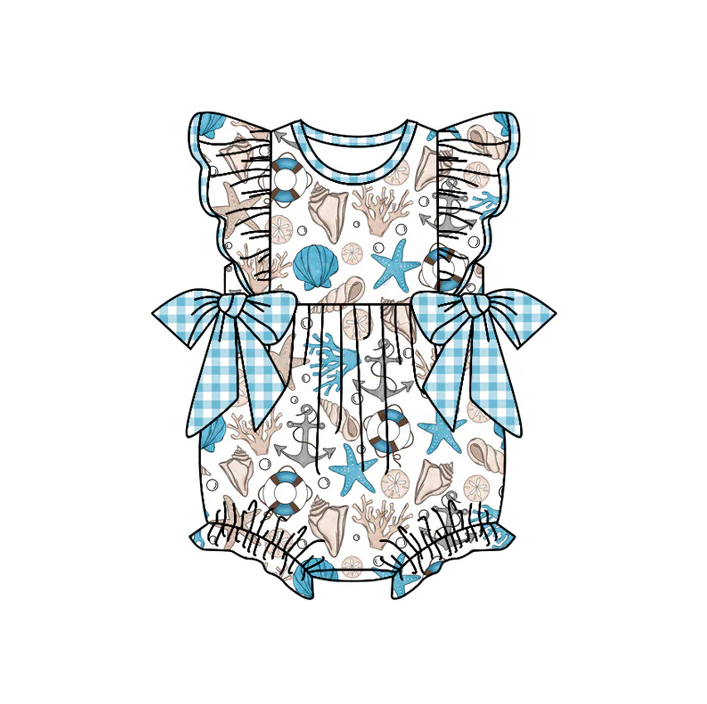 4.23 Preorder moq 5 Baby Girls Flutter Sleeves Blue Plaid Bows Sea World Ruffle Rompers