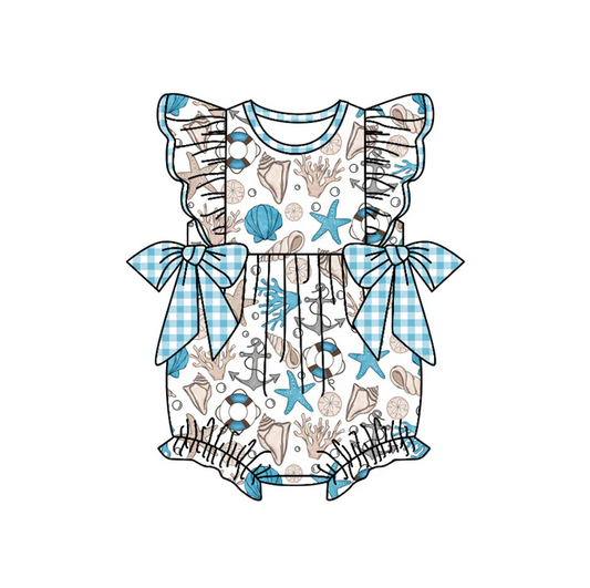 4.23 Preorder moq 5 Baby Girls Flutter Sleeves Blue Plaid Bows Sea World Ruffle Rompers