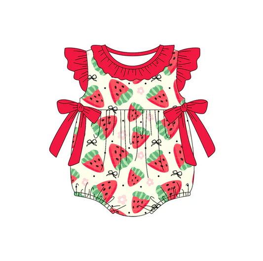 4.23 Preorder moq 5 Baby Girls Red Flutter Sleeves Bows Strawberry Ruffle Rompers