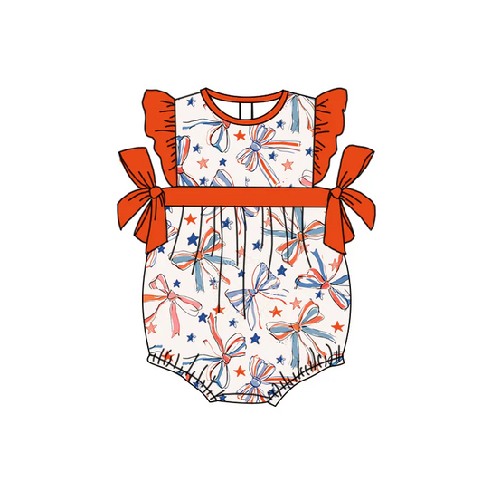 4.23 Preorder moq 5 Baby Girls Orange Flutter Sleeves Blue Bows Stars 4th Of July Ruffle Rompers
