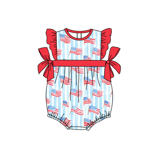 4.23 Preorder moq 5 Baby Girls Red Flutter Sleeves Blue Stripe Flags 4th Of July Ruffle Rompers