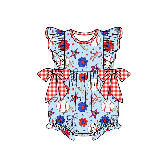 4.23 Preorder moq 5 Baby Girls Blue Flutter Sleeves Baseballs Flowers 4th Of July Ruffle Rompers