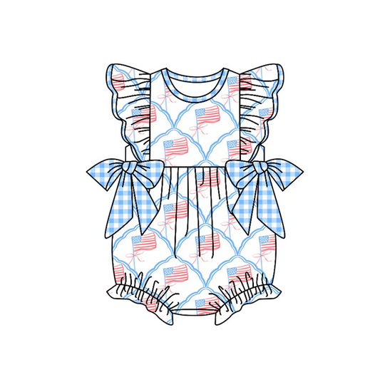 4.23 Preorder moq 5 Baby Girls Flutter Sleeves Blue Plaid Bows Flags 4th Of July Ruffle Rompers