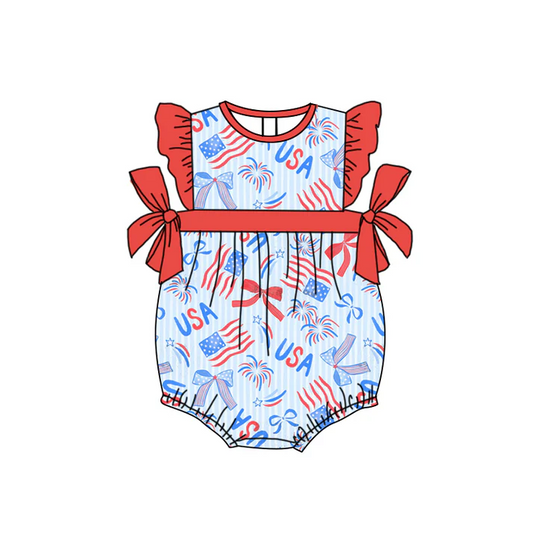4.23 Preorder moq 5 Baby Girls Red Flutter Sleeves Flags Firework 4th Of July Ruffle Rompers