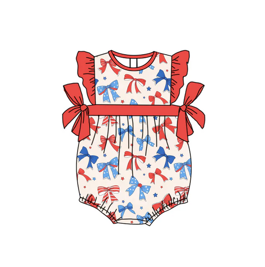 4.23 Preorder moq 5 Baby Girls Flutter Sleeves Blue Red Bows Stars 4th Of July Ruffle Rompers